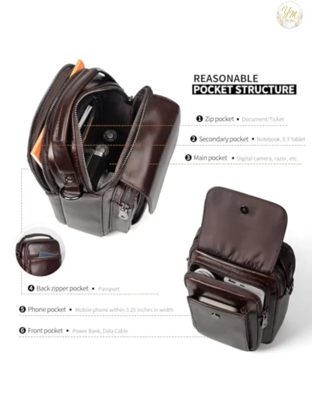 Genuine Leather Small Messenger Bag Crossbody 2-in-1 Padded Strap